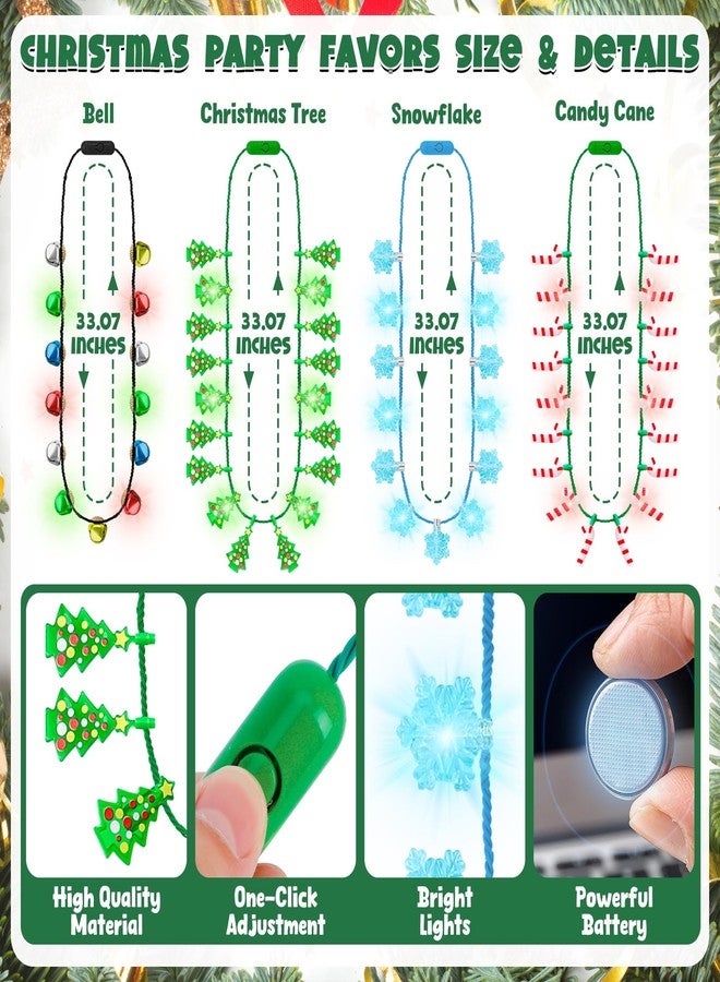 Traplace 4PCS Christmas Light Up Necklace, 3 Modes Xmas Accessories with Bell Tree Candy Cane Snowflake Designs, Vibrant Bulbs Festive Party Supplies, Christmas Necklace for Ugly Sweater Party Favors - Image 2